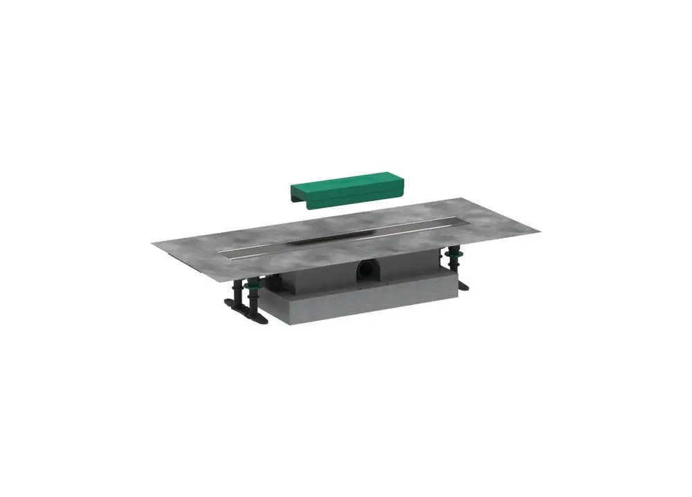 Hansgrohe Duschrinne mit flacher Installation, bestehend aus einem Metallrahmen und einer Abdeckung. Enthält Anschlussmöglichkeiten für die Wasserversorgung.